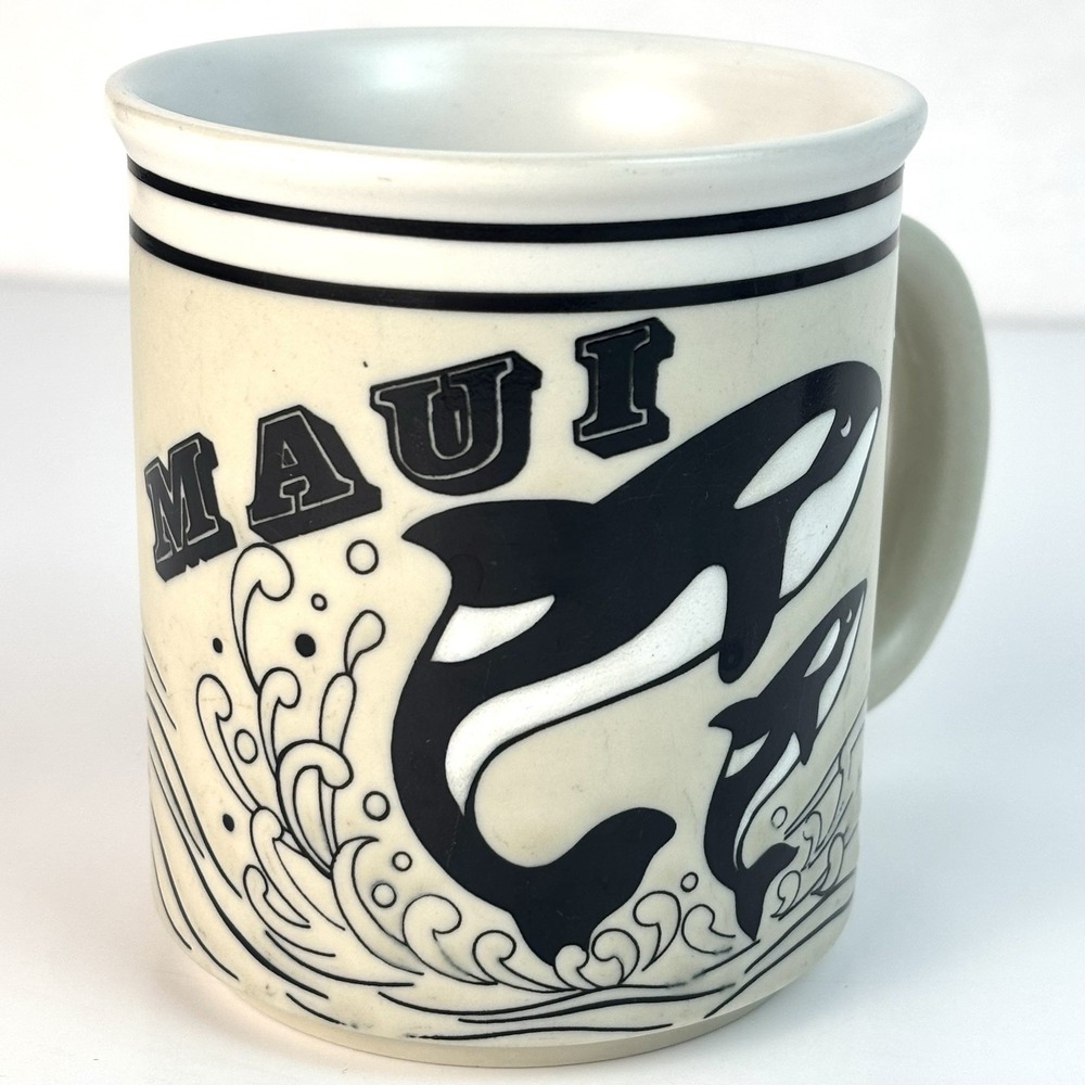 Vintage Maui Hawaii Killer Whales Orcas Coffee Mug Cup Embossed 3D Ceramic 10oz
